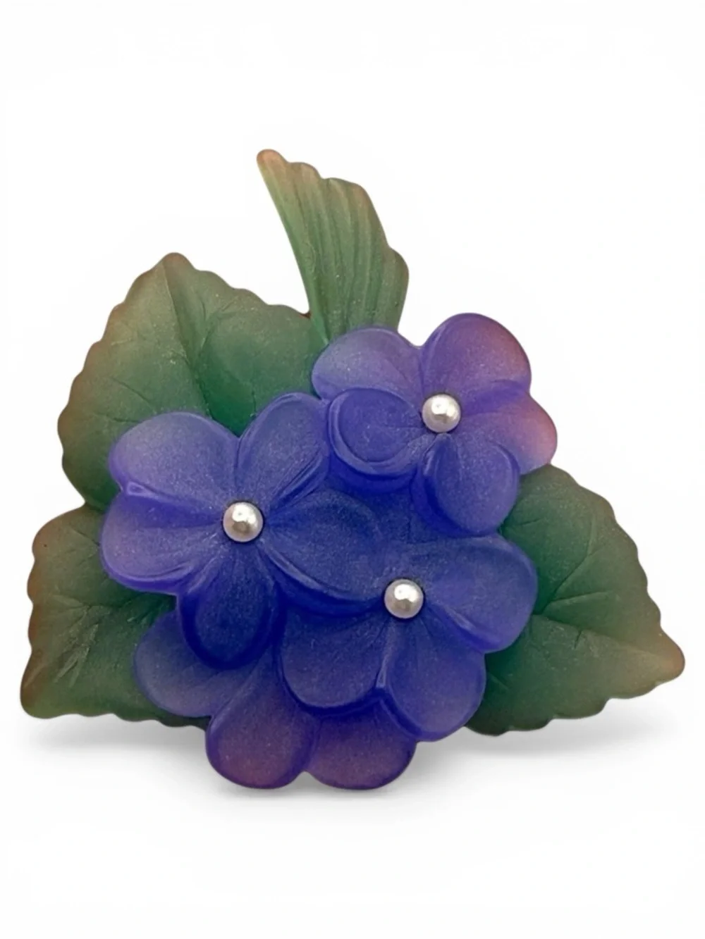 Vintage Avon Sweet Violet Frosted Lucite Brooch Pin 1983 Faux Pearl Purple Green